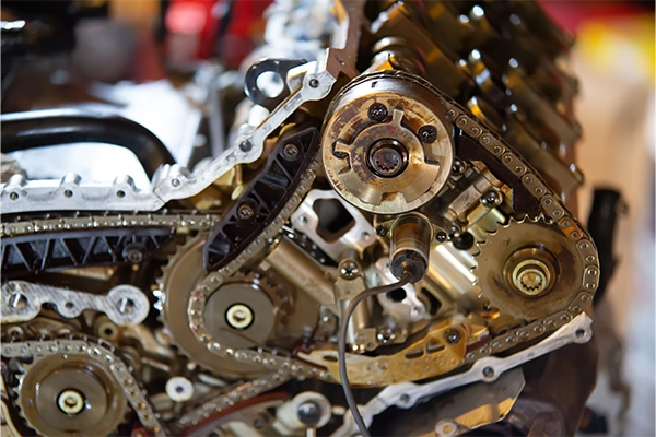 close-up of an engine timing chain.