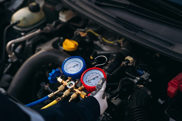 A/C recharge machine with red and blue pressure gauges